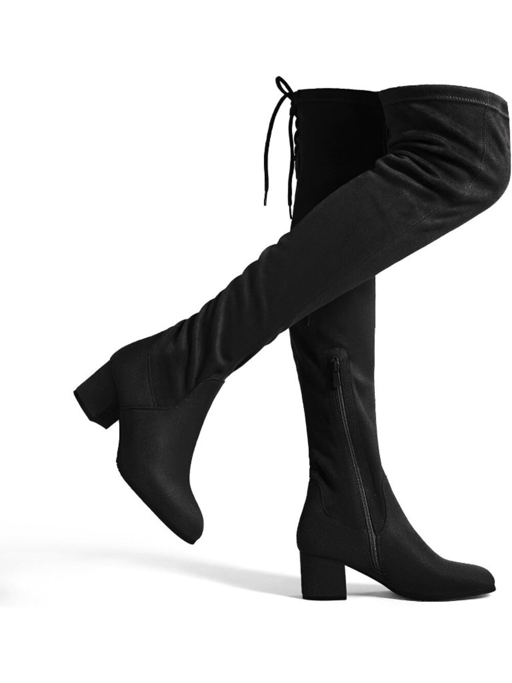 Women's Black Faux Suede Chunky Heel Round Toe Over The Knee Thigh High Boots